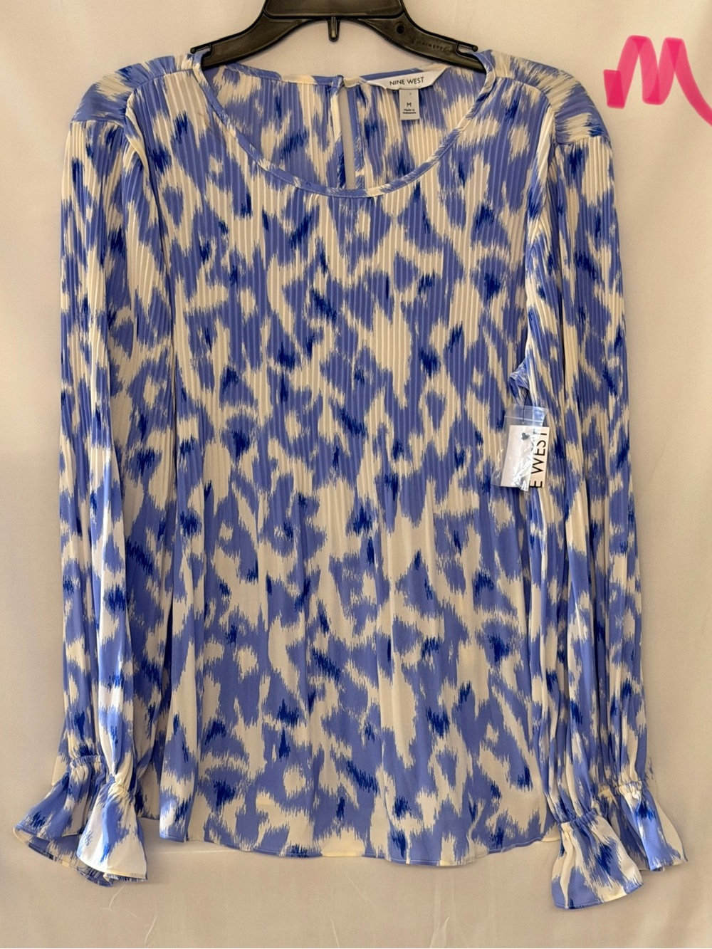 Nine West Blue & White Pleated Abstract-Print Long Sleeve Blouse